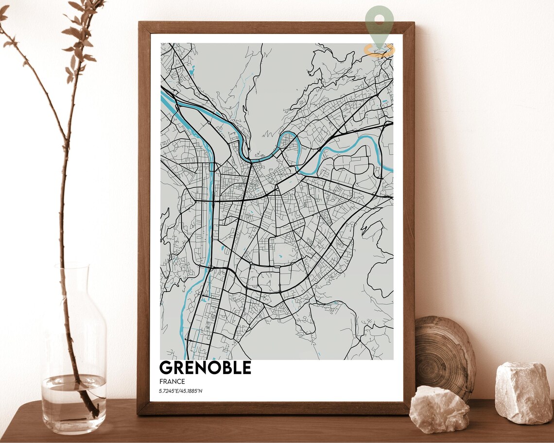 Grenoble France Burgundy Cream Street Grid Map Home Decor Poster - Image 6