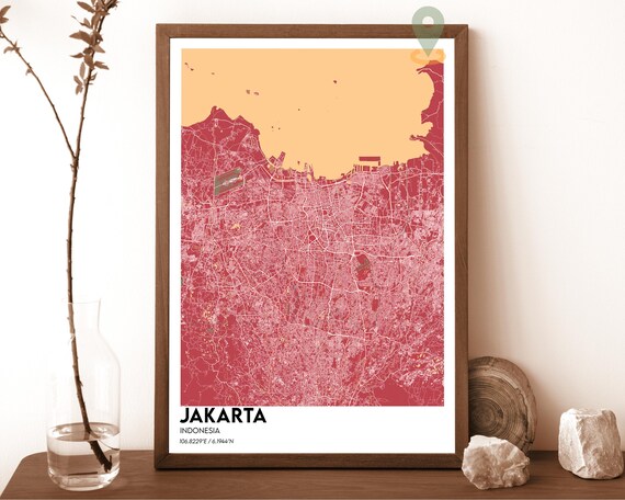 Jakarta Indonesia Red Blush Modern Minimalist City Map Wall Art