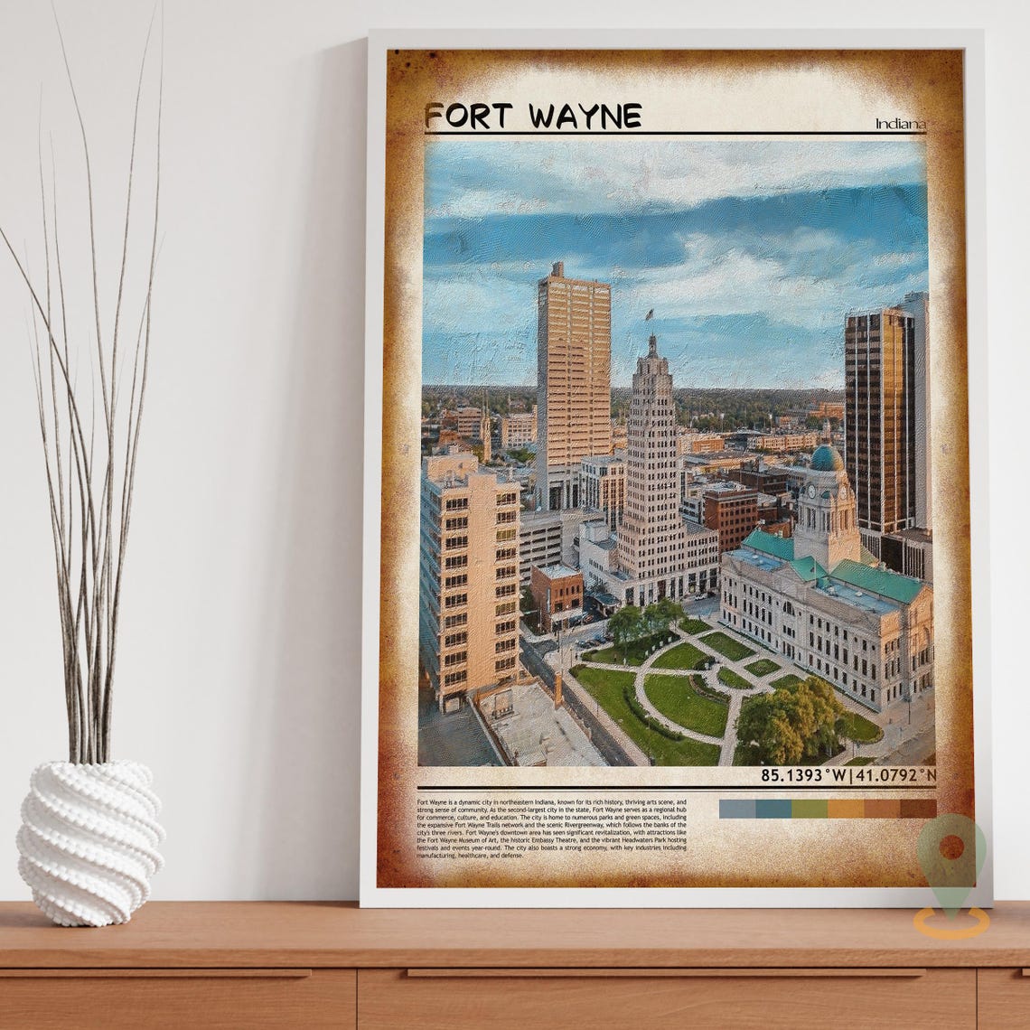 Fort Wayne Indiana Downtown Skyline Courthouse City Travel Poster - Image 3