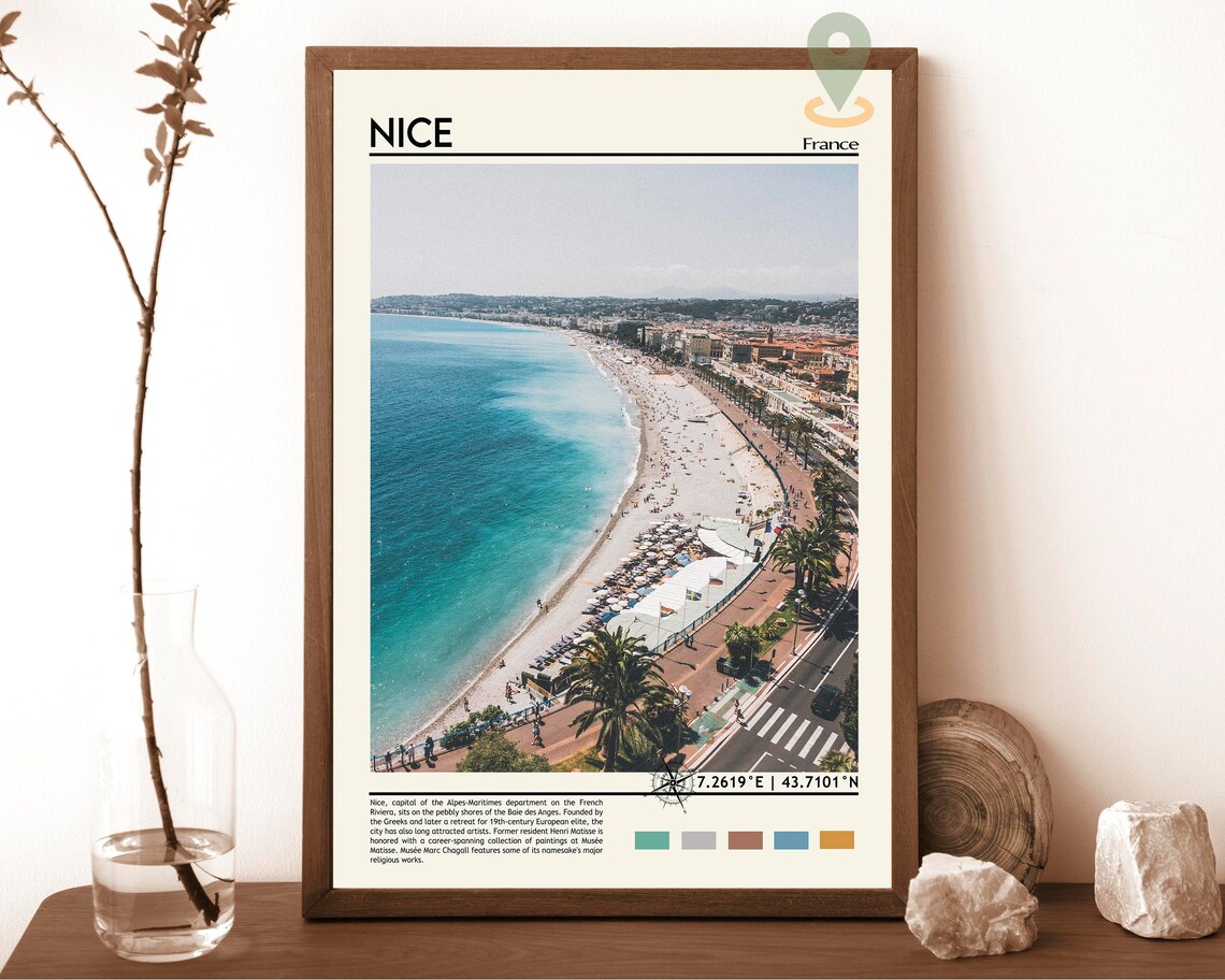 Nice France Riviera Beach Coastline Aerial Promenade Travel Poster