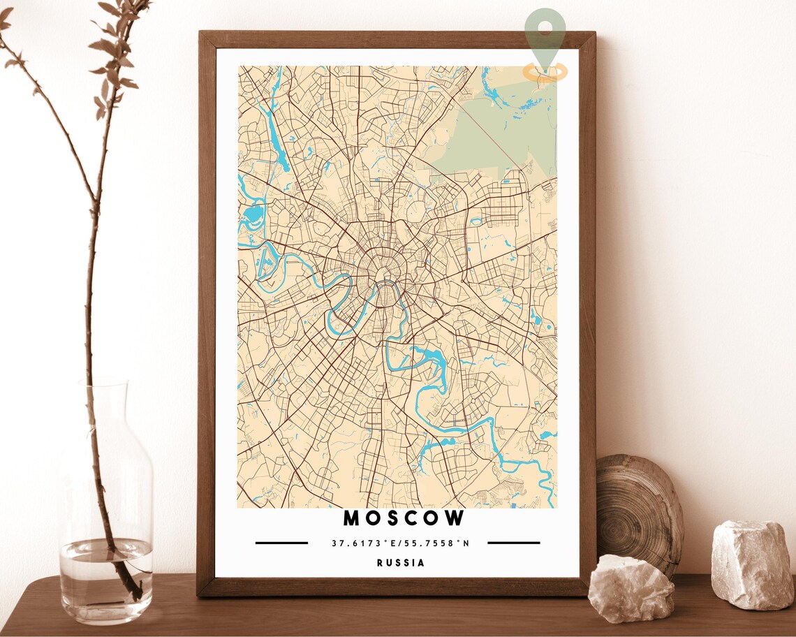 Moscow Russia City Street Map Cream Modern Art Print for Vintage Map Lovers
