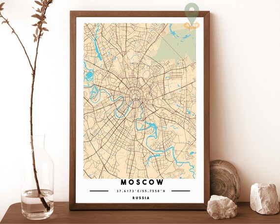 Moscow Russia City Street Map Cream Modern Art Print for Vintage Map Lovers