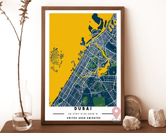 Dubai United Arab Emirates Navy Gold City Map Coordinates Travel Poster