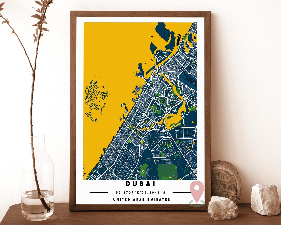 Dubai United Arab Emirates Navy Gold City Map Coordinates Travel Poster