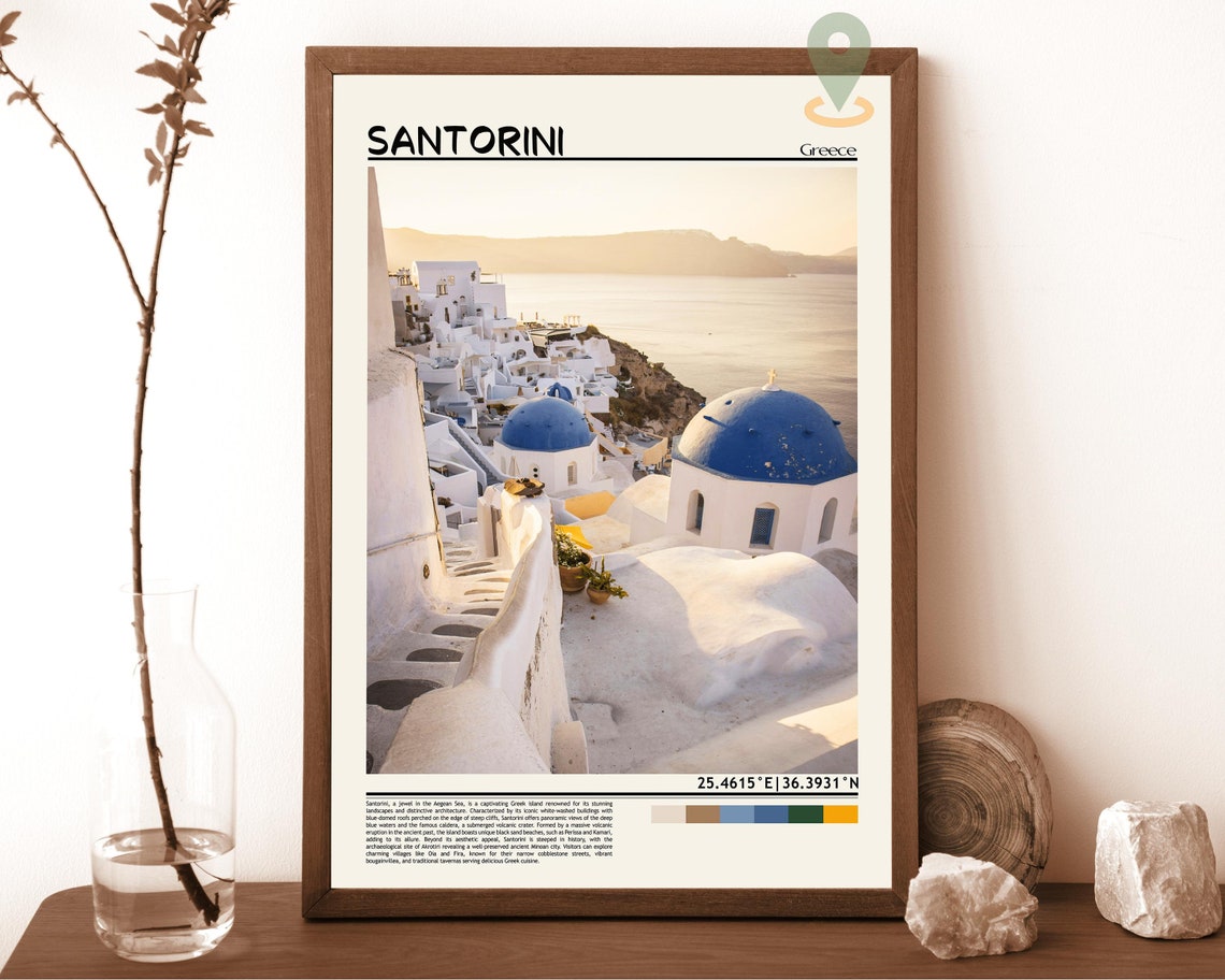 Santorini Greece Blue Dome Churches Caldera Golden Light Poster