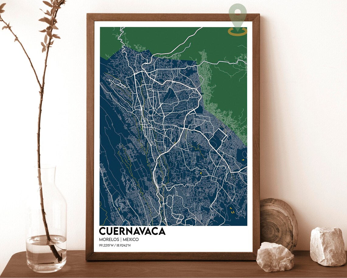 Cuernavaca Mexico Navy Green Modern City Map Street Grid Poster