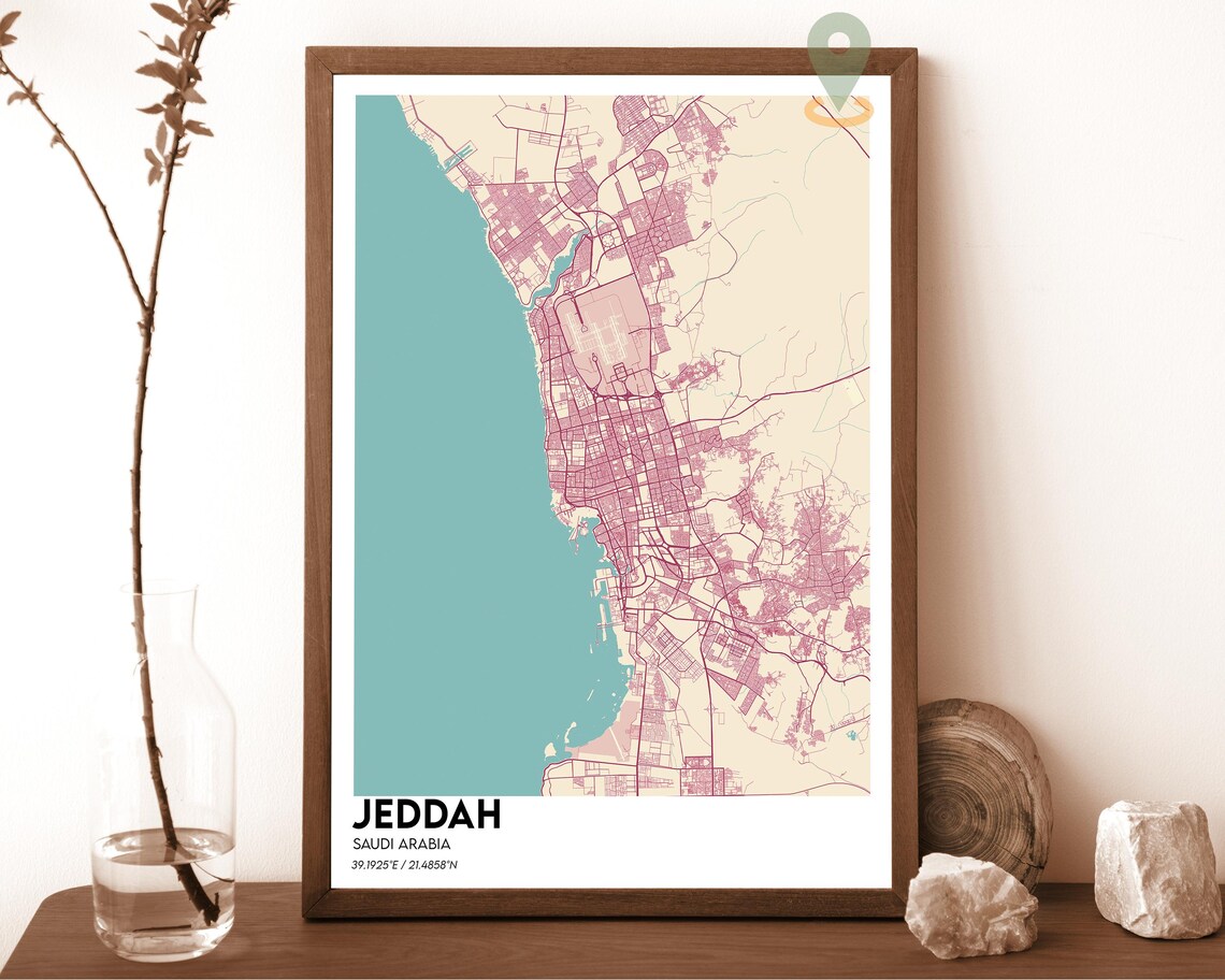 Jeddah Saudi Arabia Teal Orange Minimalist City Map Wall Art - Image 6