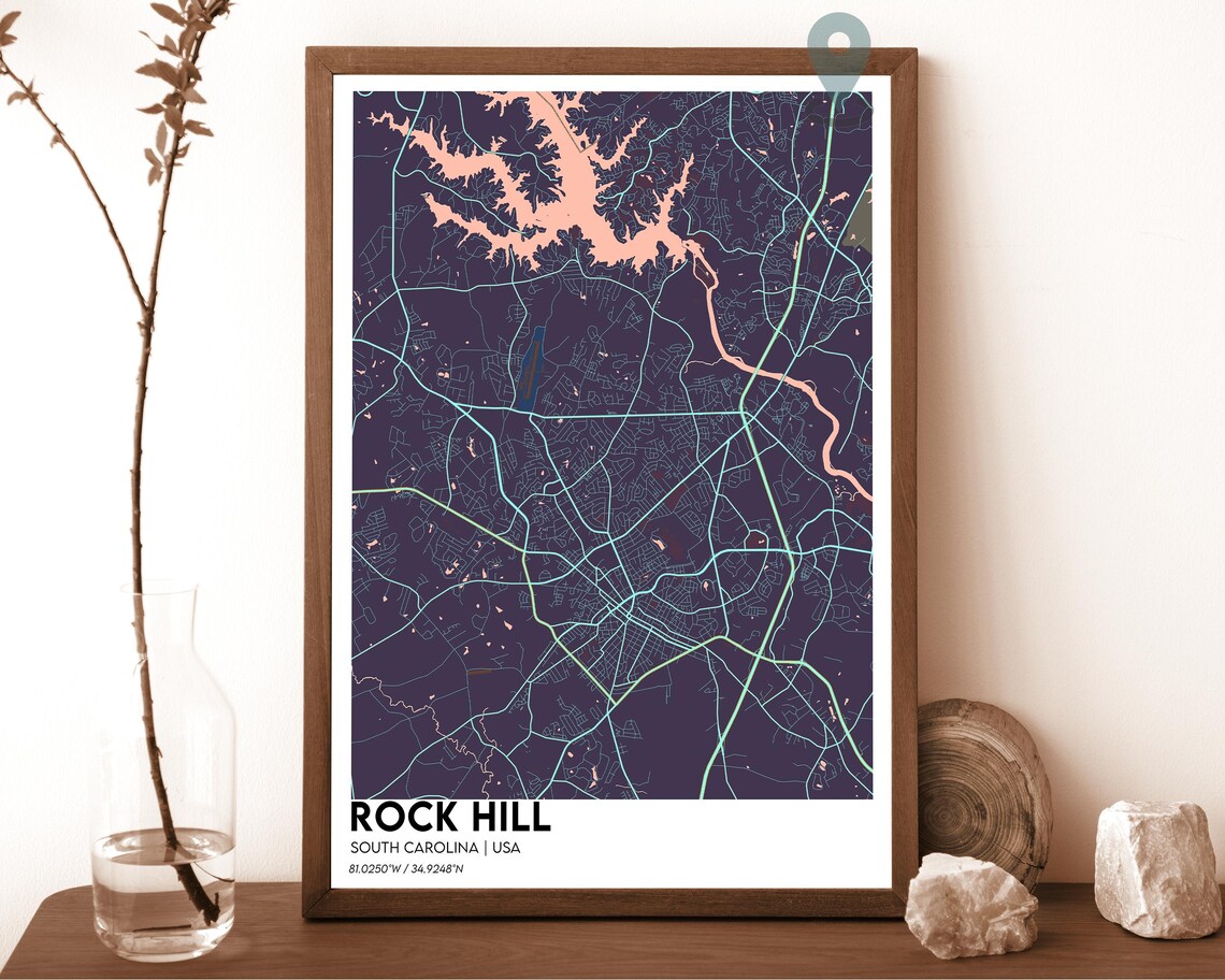 Rock Hill South Carolina Teal Green City Map Home Decor Poster - Image 3