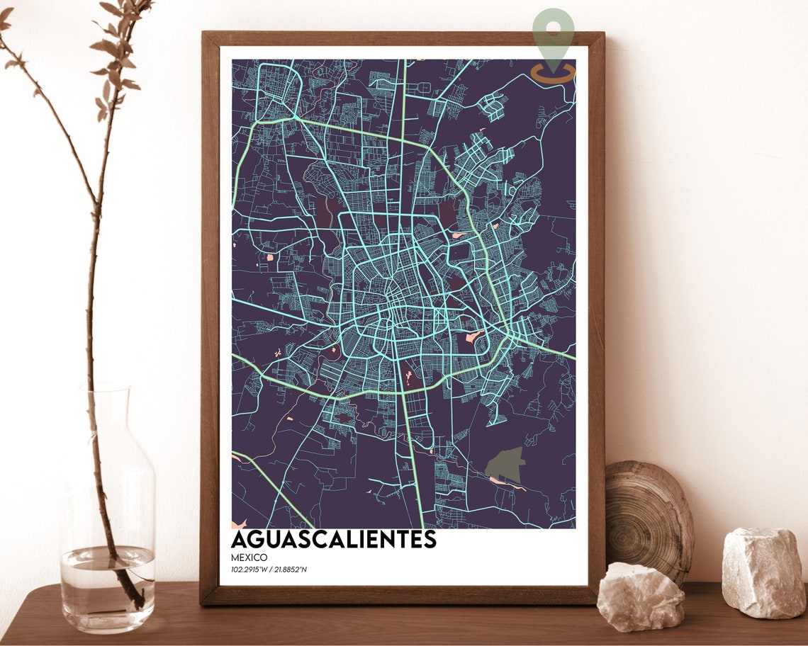 Aguascalientes Mexico Dark Modern Urban City Map Wall Decor Poster - Image 3