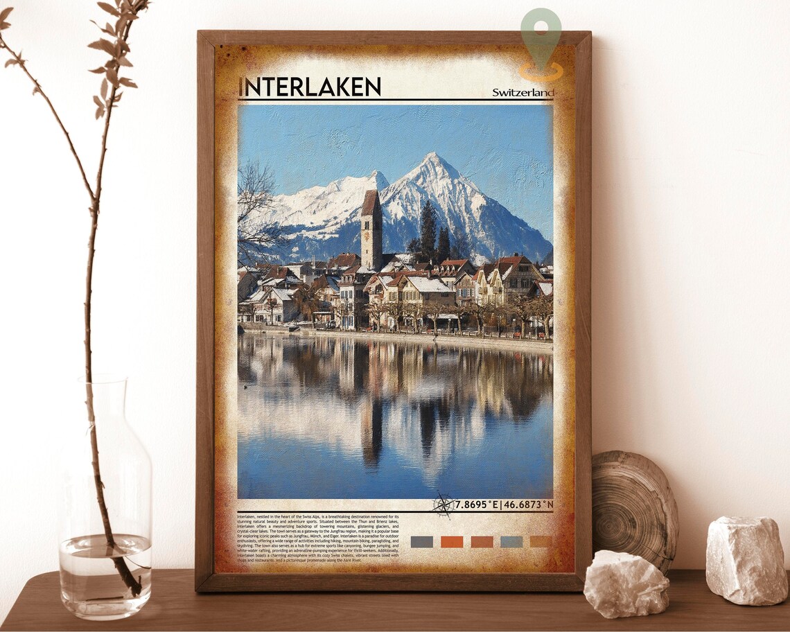 Interlaken Switzerland Snowy Peaks Lake Town Swiss Alps Travel Poster - Image 6