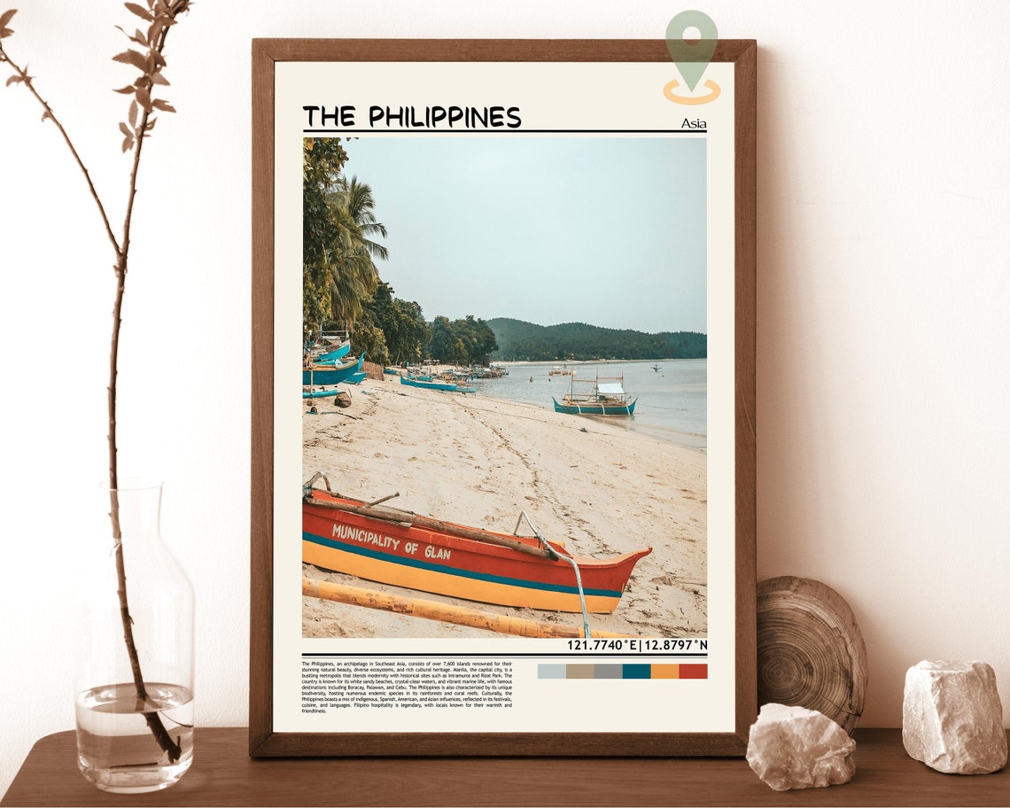 Philippines Glan Beach Colorful Outrigger Boats Shore Scene Poster