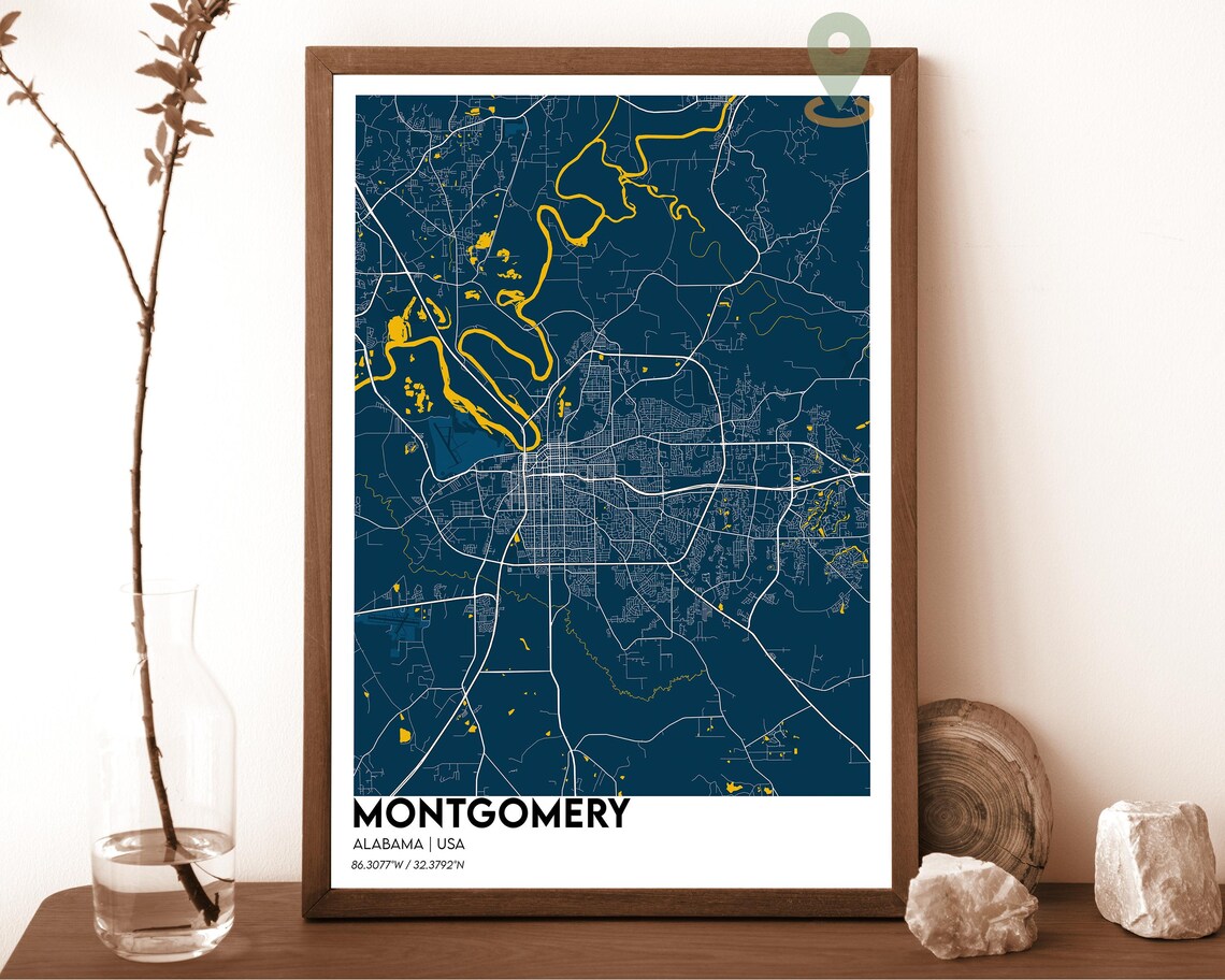 Montgomery Alabama crimson red with cream streets Street Map Coordinates Poster - Image 6