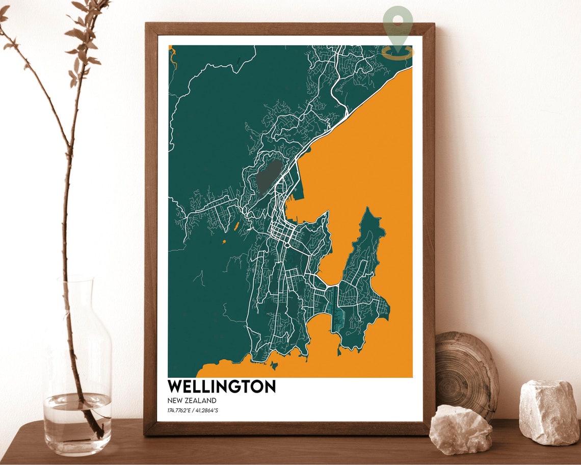 Wellington New Zealand City Map Poster Navy Yellow Modern Artwork - Image 5