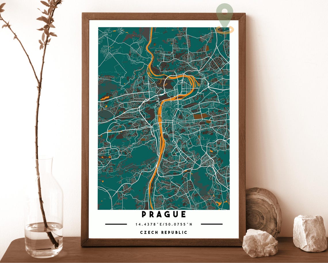 Prague Czech Republic Teal Orange River Street Map Bold Wall Art