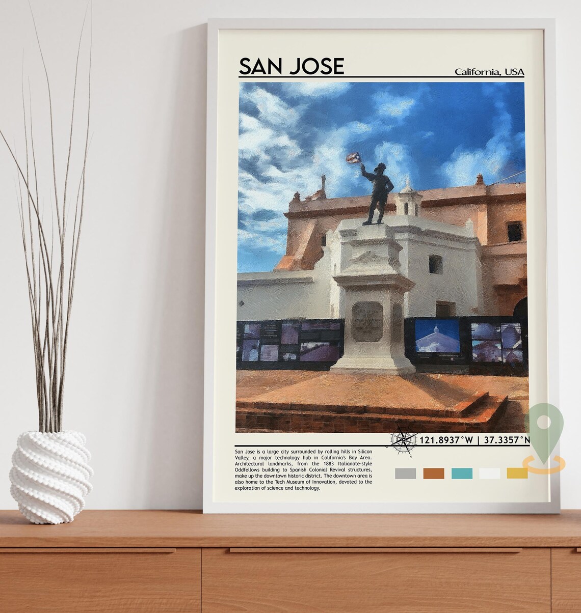 San Jose California Historic Plaza Statue Painting Travel Poster - Image 3