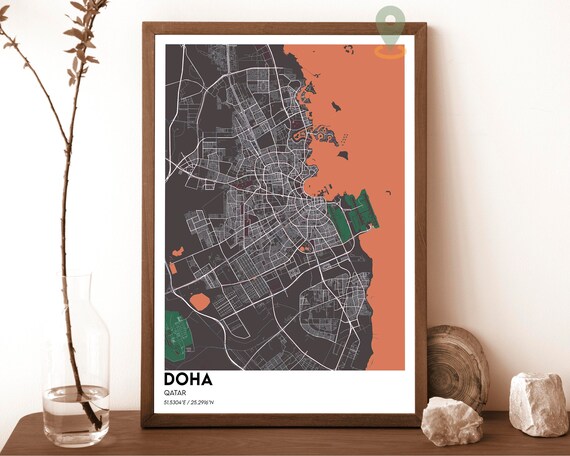 Doha Qatar Charcoal Orange Coastline City Map Modern Art Poster