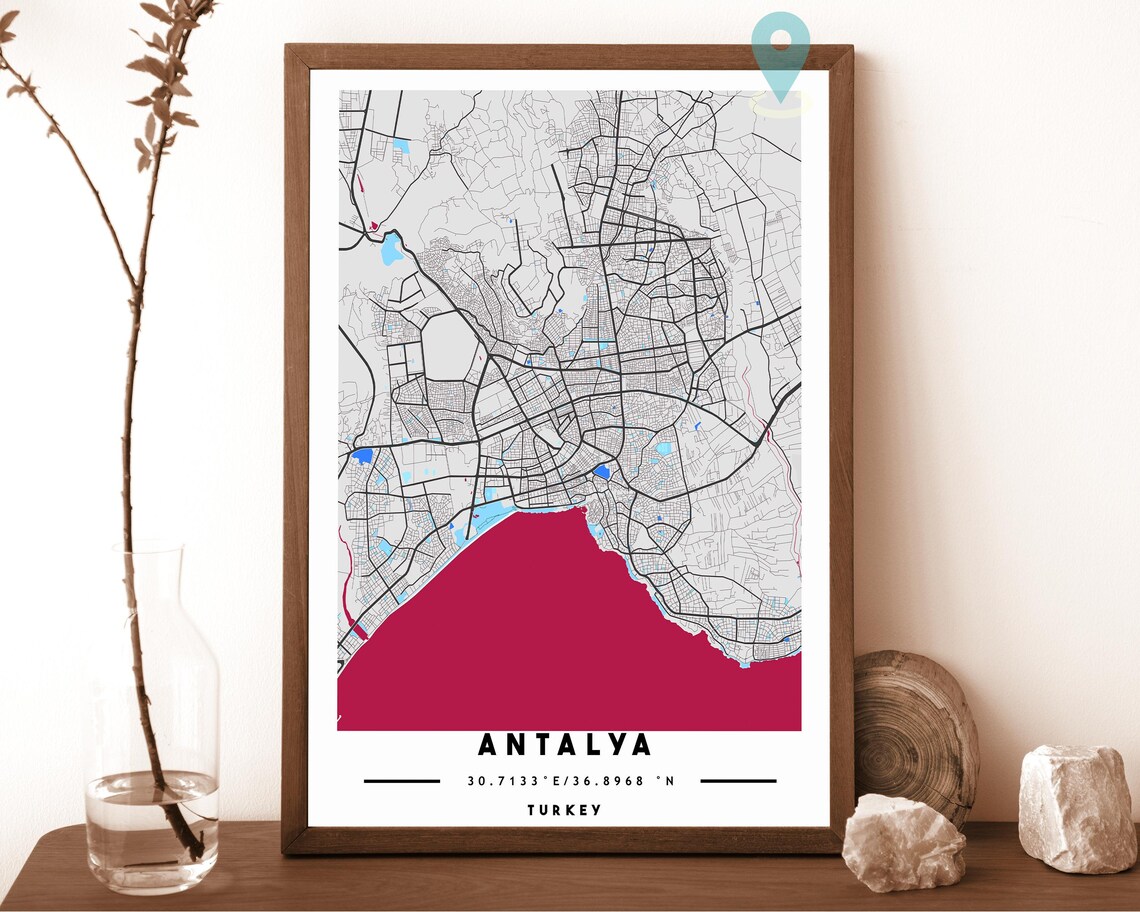 Antalya Turkey navy with a pale cream coast Street Map Coordinates Poster - Image 3