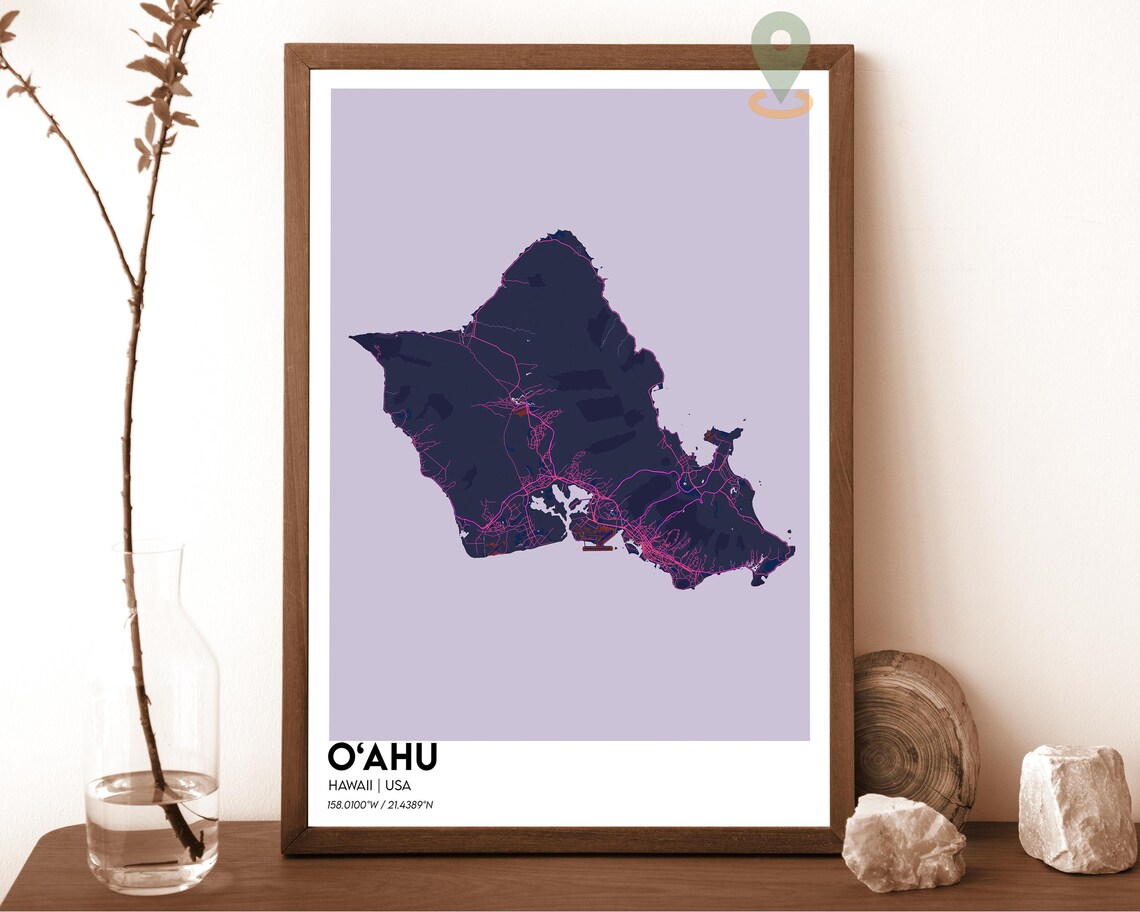 O'ahu Hawaii Minimalist Island Map Poster in Turquoise and White - Image 2