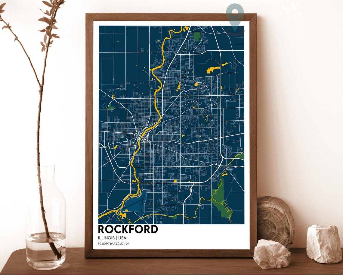 Rockford Illinois Dark Charcoal Street Grid Map Home Decor Poster - Image 6