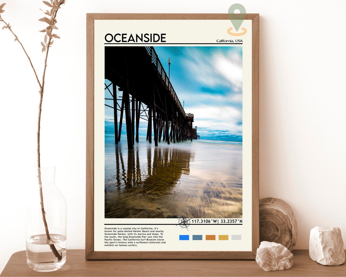 Oceanside California Pier Twilight Beach Surf Travel Poster Art