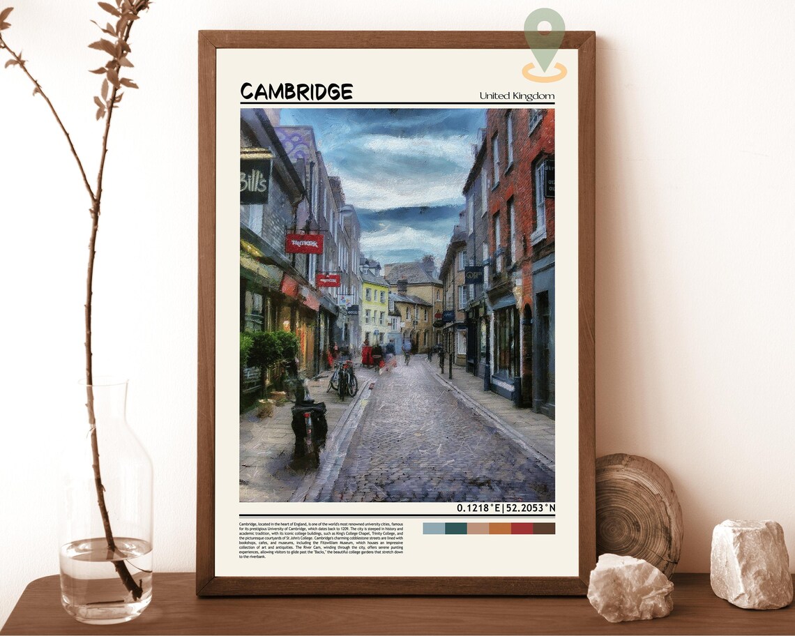 Cambridge England Cobbled Shopping Street Historic Charm Poster