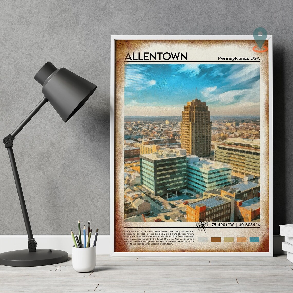 Allentown Pennsylvania Downtown City Aerial Daytime Travel Poster - Image 4