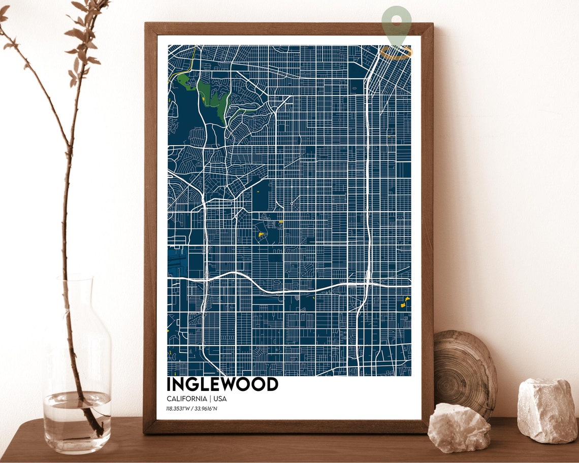 Inglewood California Modern Street Map Navy Teal Grid Poster - Image 6