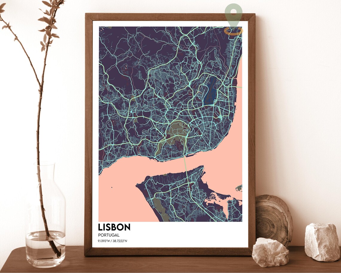 Lisbon Portugal Street Map Beige Turquoise City Cartography Poster - Image 3