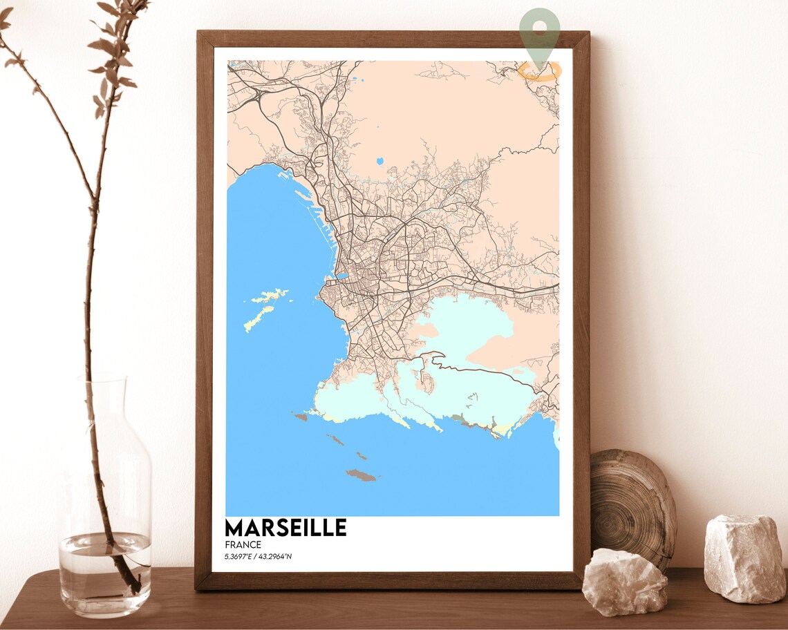 Marseille France Pink Navy Coastal City Street Map Art Poster - Image 3