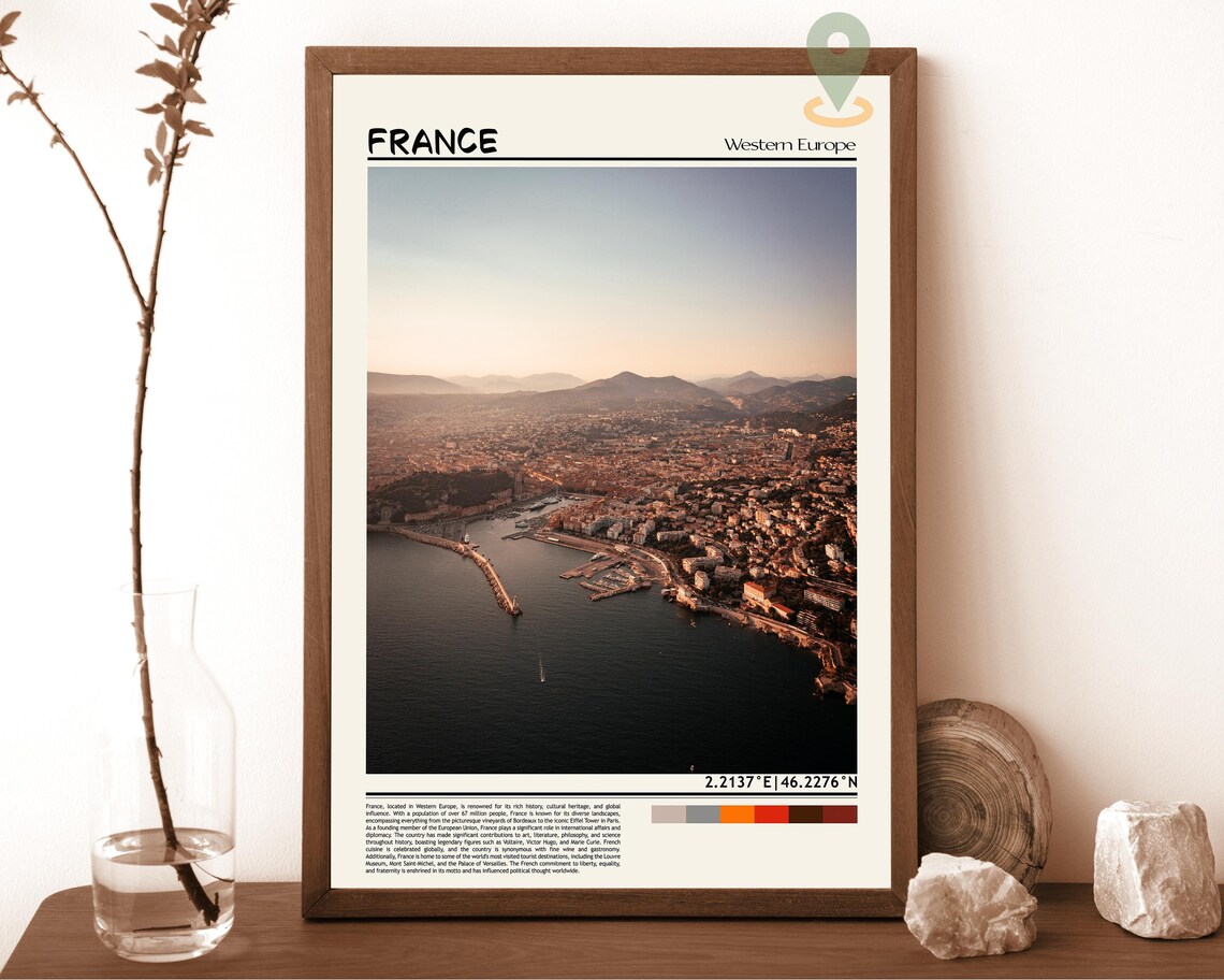 France Aerial Coastal City Sunset Harbor Panorama Travel Poster