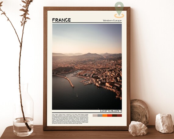 France Aerial Coastal City Sunset Harbor Panorama Travel Poster