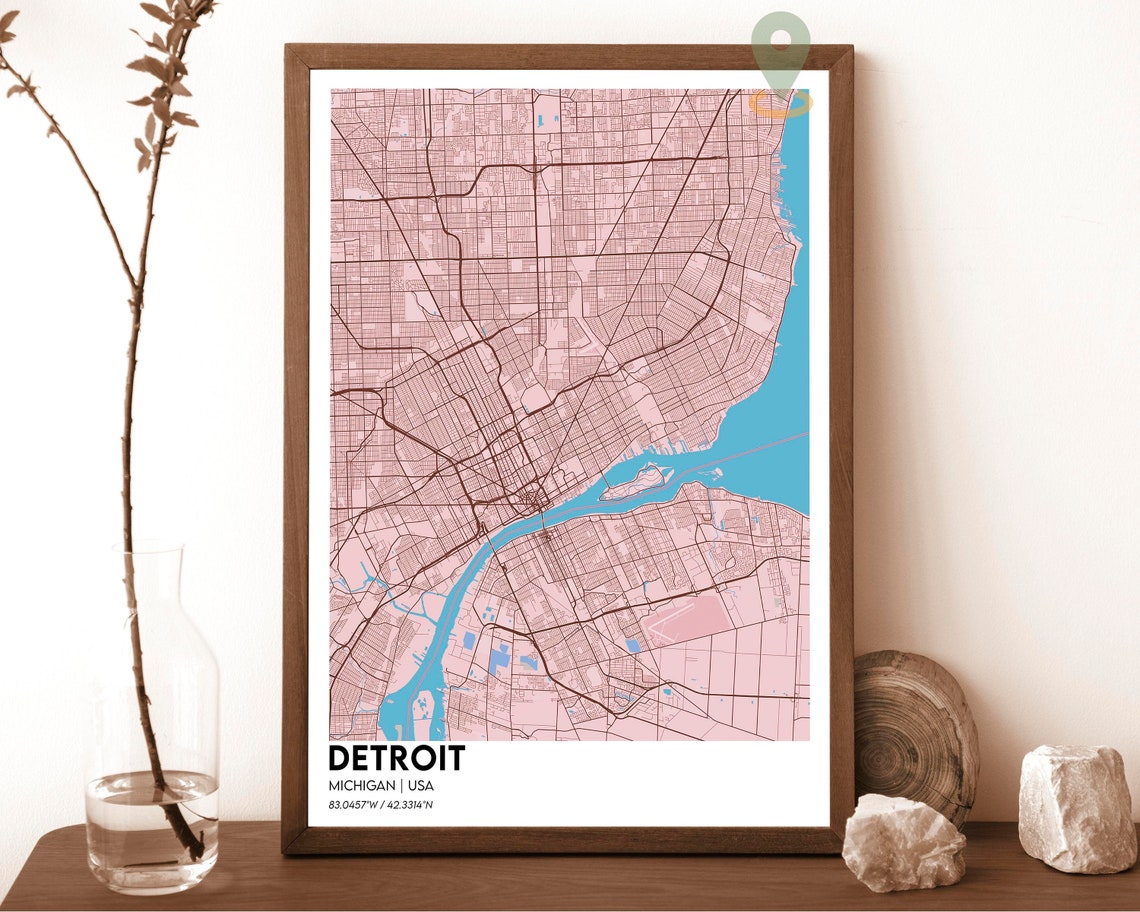Detroit Michigan Crimson Red River City Map Modern Art Poster - Image 5