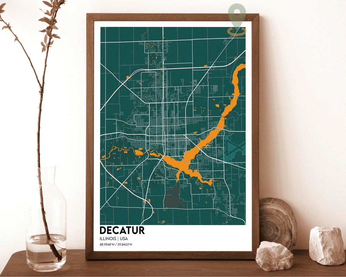 Decatur Illinois Cream Maroon Soft Retro City Map Art Poster - Image 5