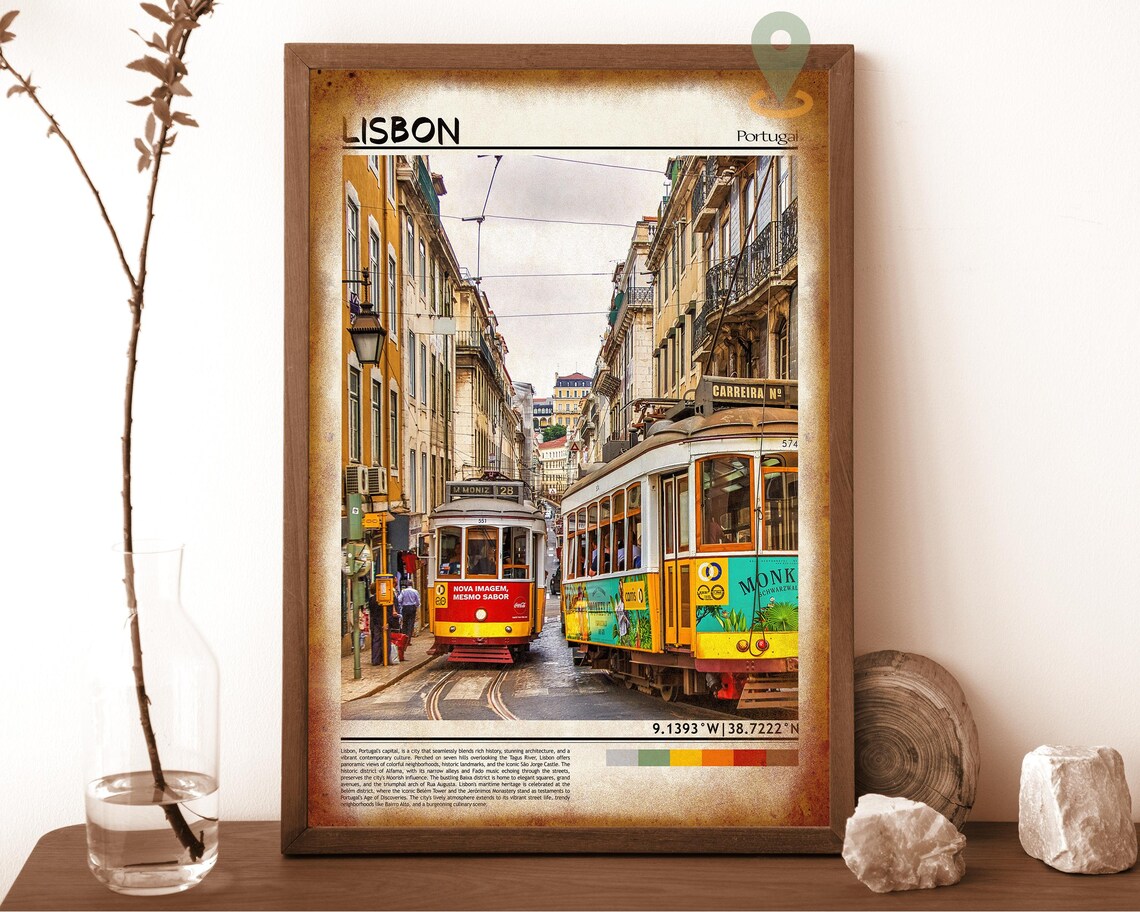 Lisbon Portugal Classic Yellow Trams Old Town Street View Poster - Image 6