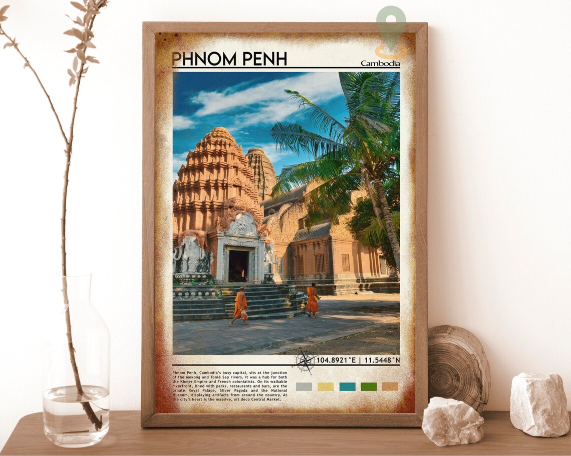 Phnom Penh Cambodia Temple Palm Trees Monks Heritage Travel Poster - Image 6