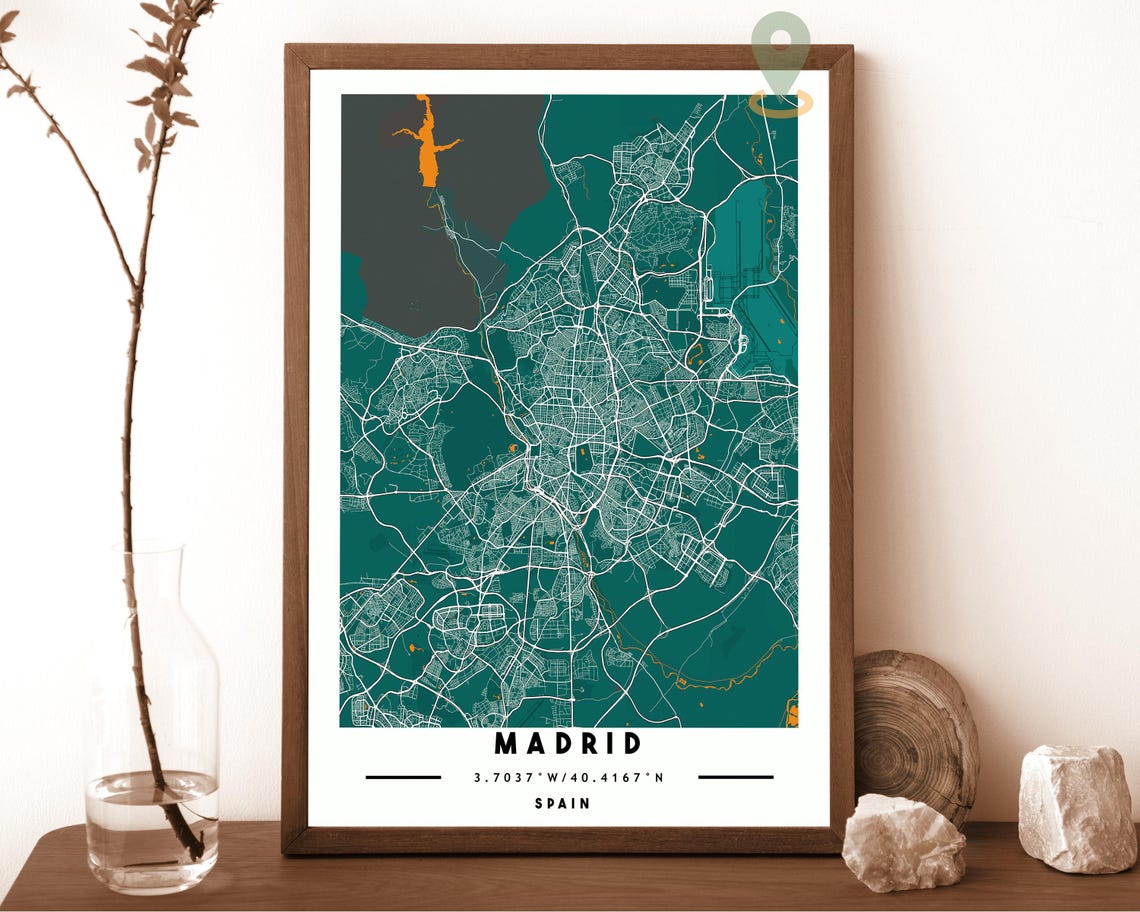 Madrid Spain Emerald Minimalist Street Map Coordinates Poster