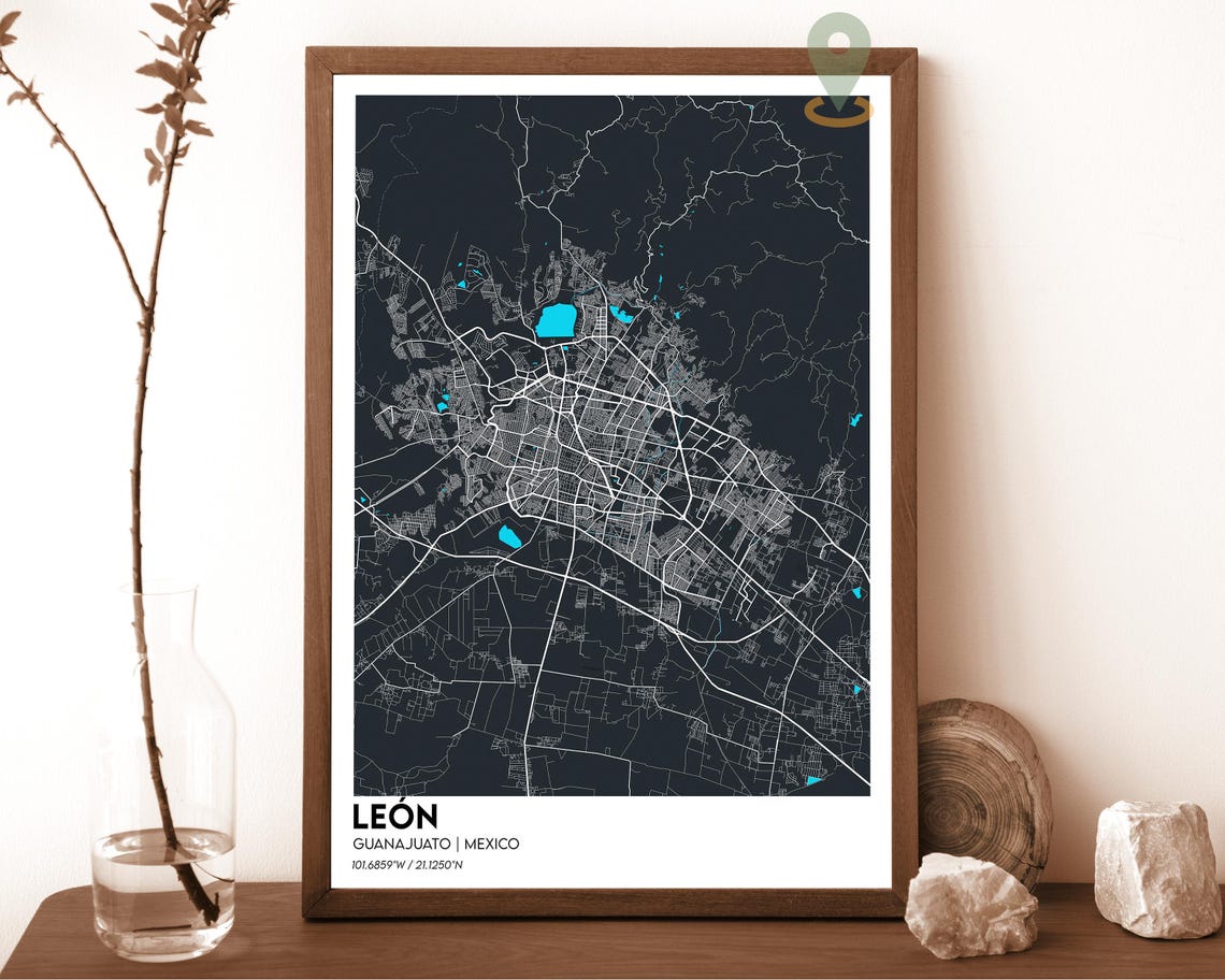 Leon Guanajuato Mexico Deep Red Bold City Map Framed Decor Poster - Image 3