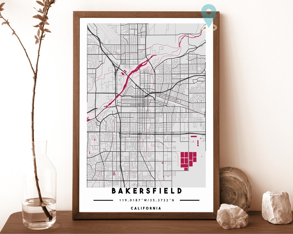 Bakersfield California charcoal with orange highlights Street Map Coordinates Poster - Image 2