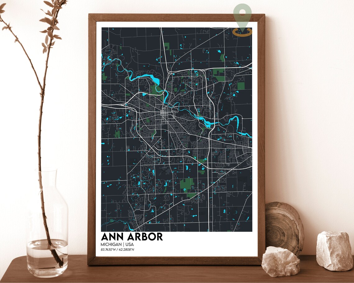 Ann Arbor Michigan City Map Navy Golden Huron River Street Poster - Image 2