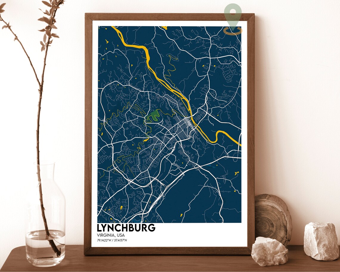 Lynchburg Virginia Navy Yellow River Street Map Modern Art Poster