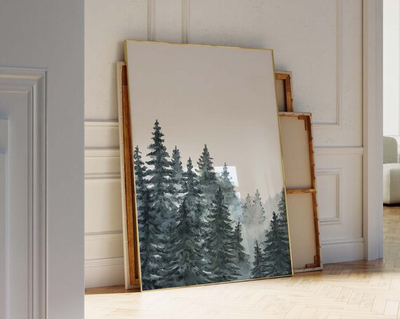 Misty Pine Forest Watercolor Evergreen Trees Foggy Nature Wall Art