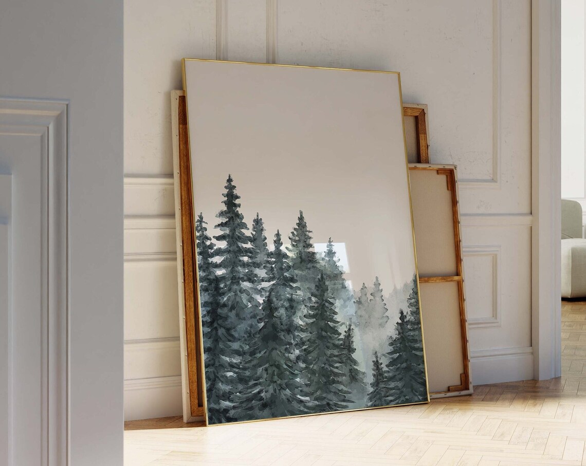 Misty Pine Forest Watercolor Evergreen Trees Foggy Nature Wall Art