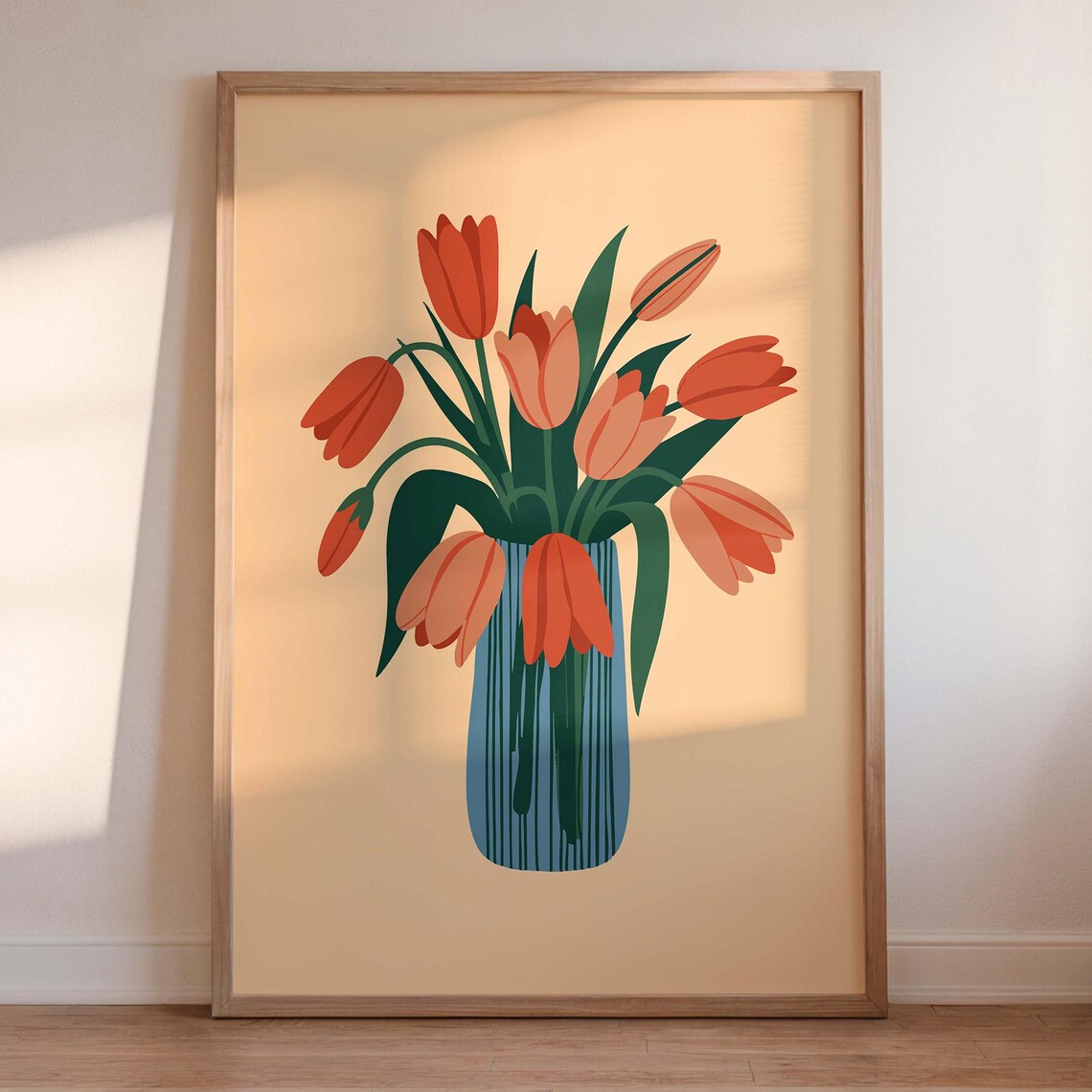 Coral Orange Tulips In Striped Blue Vase Modern Botanical Wall Art