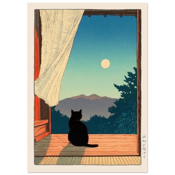 Black Cat Japanese Print, Moonlight Japandi Decor