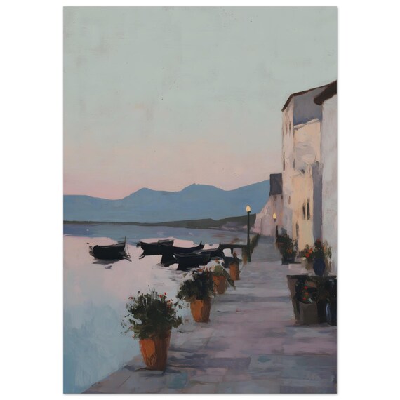 Mediterranean Harbor Promenade Sunset Coastal Painting Poster