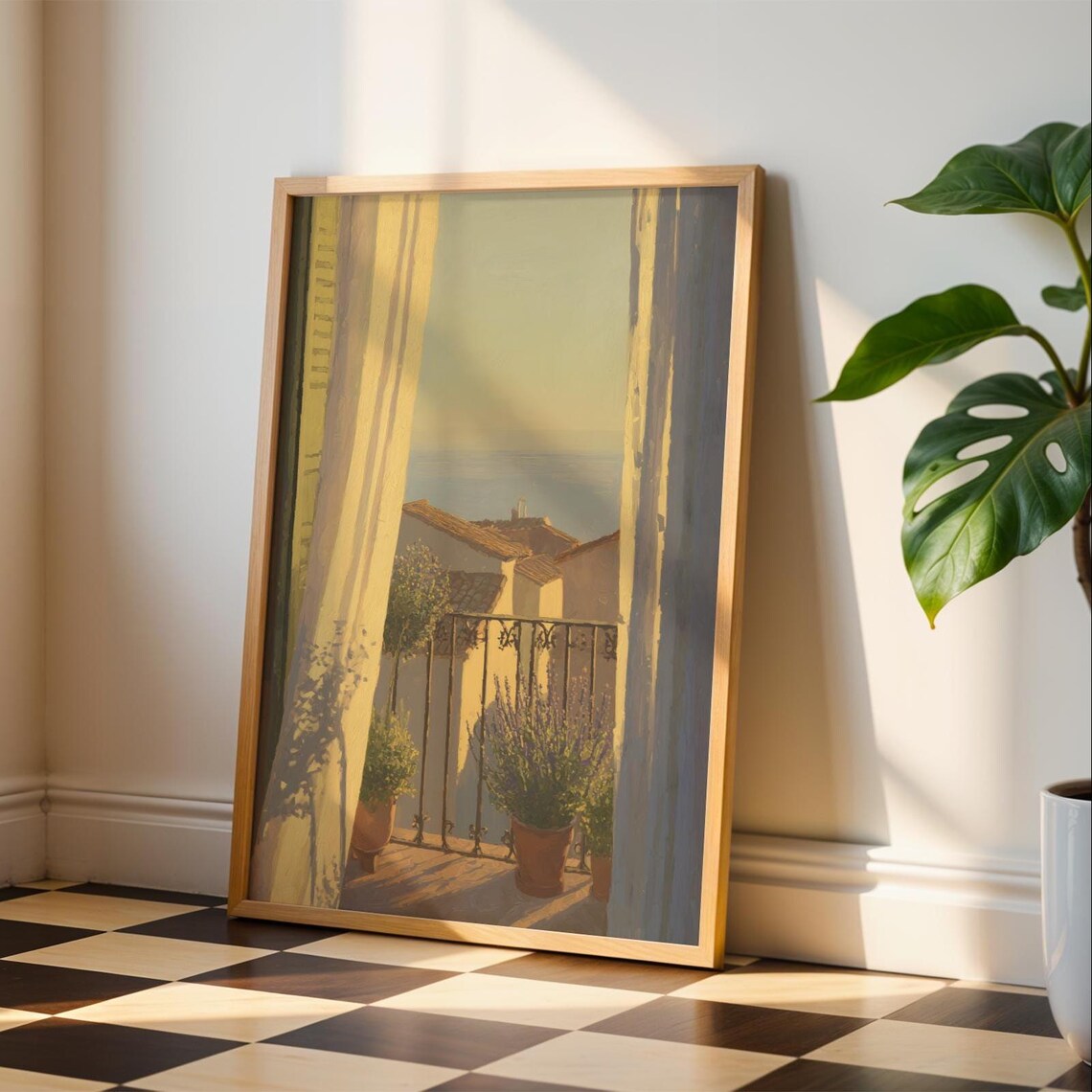 Mediterranean Balcony View Art Print, Coastal Landscape
