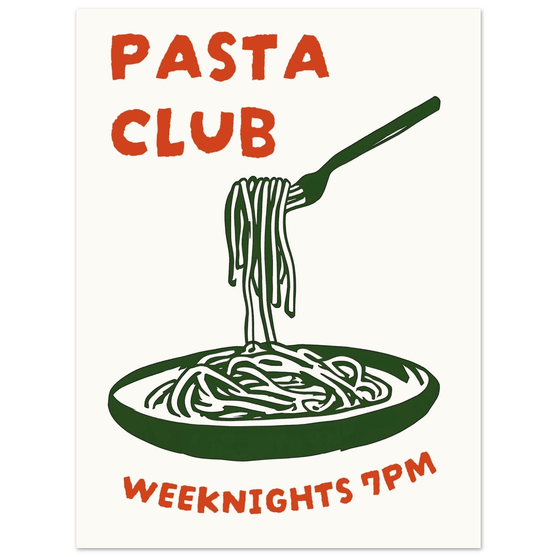Pasta Club Retro Spaghetti Bowl Fork Weeknight Dinner Kitchen Poster