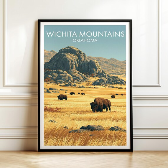 Wichita Mountains Oklahoma Bison in Golden Prairie Travel Poster