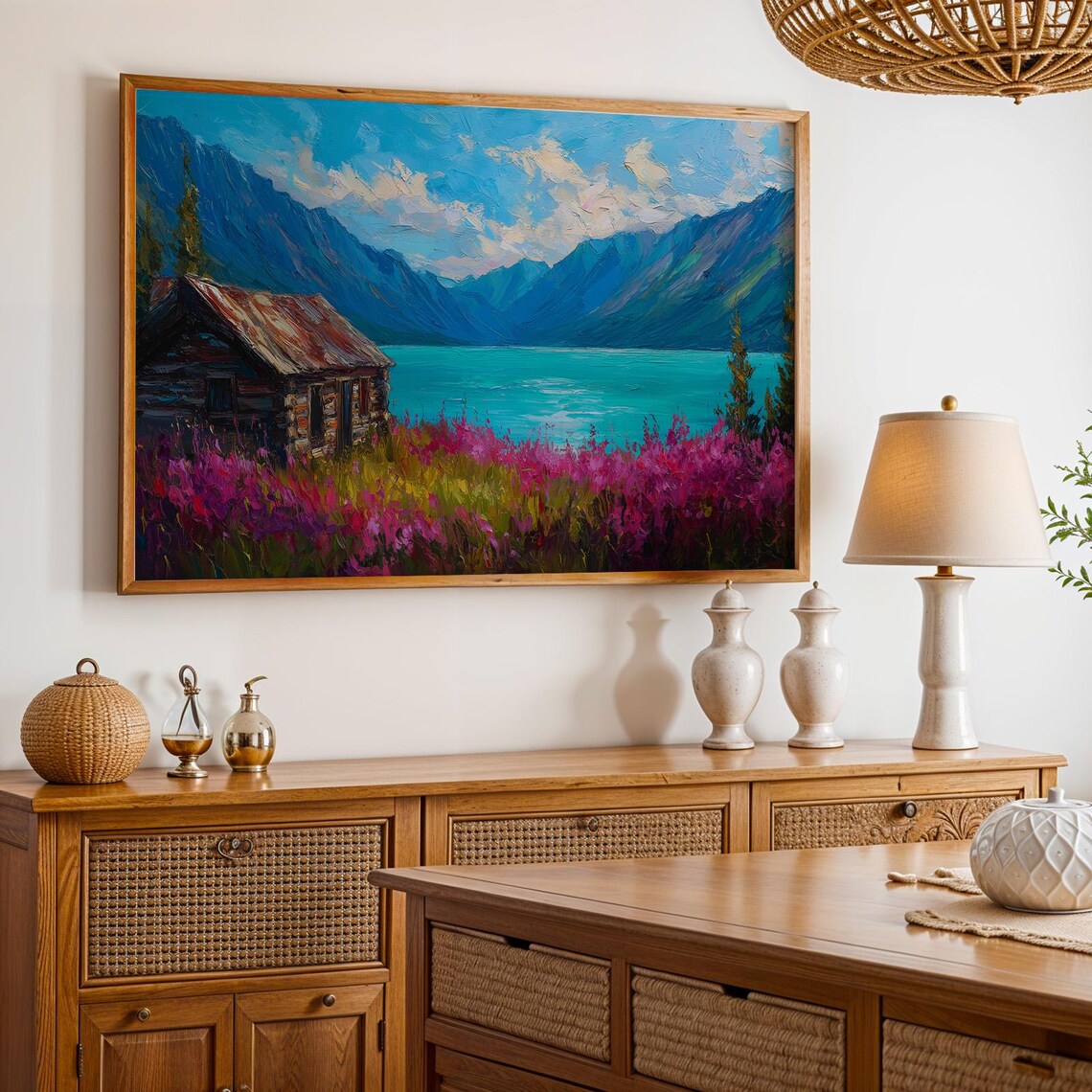 Lake Clark National Park Alaska Cabin Lake Oil Painting Poster