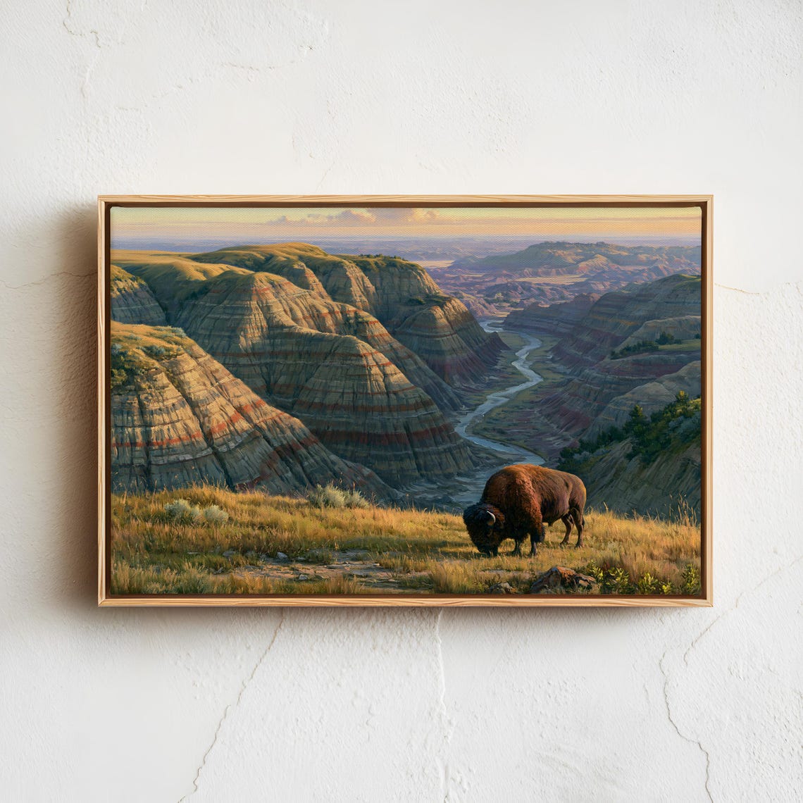 Theodore Roosevelt Bison Badlands River Vintage Landscape Poster